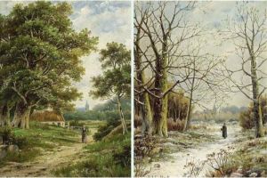 A Peasant Woman On A Forest Path, In Summer; In Winter (a Pair) by Hendrik Pieter Koekkoek