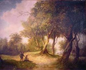 A Wooded Landscape With Figures Along A Path by Hendrik Pieter Koekkoek