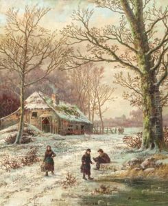 A Winter Landscape With Youngsters Putting On Their Skates by Hendrik Pieter Koekkoek