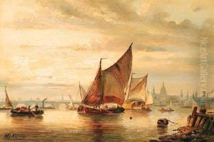 A View Of London With Various 
Shipping On The Thames At Dusk; Acalm With Moored Sailing Barges Along A
 Jetty