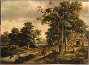 A Peasant Woman And A Boy Walking Along A Stream In A Woodedlandscape by Hendrik Pieter Koekkoek