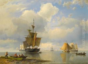 A Dutch Barge Leaving Harbour On The Tide,with A Merchantman Anchored Offshore