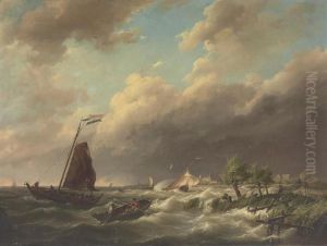 Stormy Coastal Scene With Town Beyond by Hermanus Koekkoek