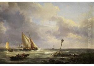 Segelschiffe Auf Bewegten Wogen Am Ufer by Hermanus Koekkoek