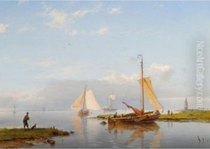 A River Landscape With Sailing Vessels by Hermanus Koekkoek