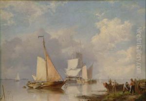 L On Wooden Panel Shipping At Anchor With Figures On The Shore Monogrammed 12 X 17in by Hermanus Koekkoek