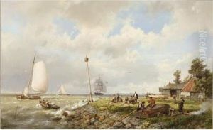 A Coastal Scene With Figures Repairing A Boat by Hermanus Koekkoek