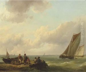 Fishermen On A Jetty With Sailingvessels Approaching