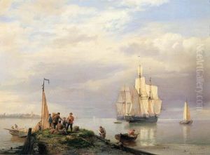 A Calm; A River Estuary With 
Twomasters At Anchor, Fisherman On A Jetty In The Foreground