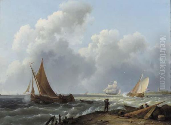 A Zeeuws Beurtschip In A Stiff Breeze, A Frigat In Thedistance - view 1