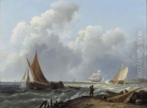 A Zeeuws Beurtschip In A Stiff Breeze, A Frigat In Thedistance