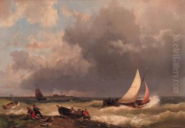 Fishermen Hauling In A Rowingboat On The Shore Of A Stormyestuary - view 1