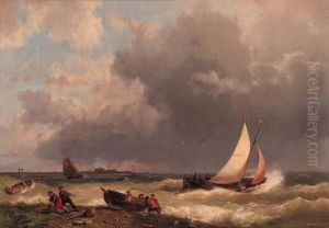 Fishermen Hauling In A Rowingboat On The Shore Of A Stormyestuary