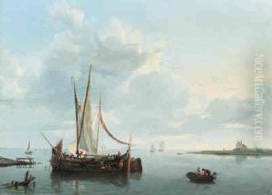 A Calm: A River Landscape With Crewmen Unloading A Ship In Theforeground