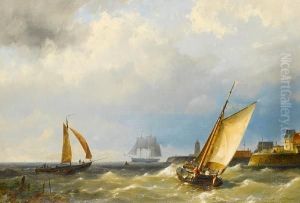 A Fishing Vessel Putting Out To Sea From A Harbour, In Choppy Waters by Hermanus Jr. Koekkoek