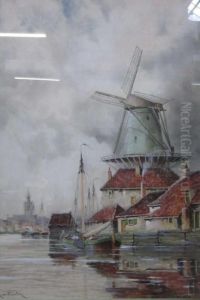 Dutch Harbour Scene With Windmill