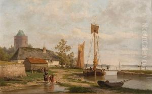 Dutch Quayside Scene With Washerwomen Andestuary Beyond