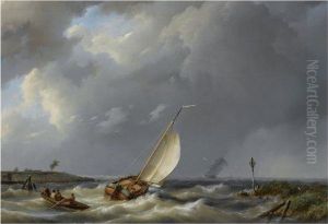 A Fishing Vessel Heading Into Open Waters, A Two-mast In The Distance by Hermanus Jr. Koekkoek
