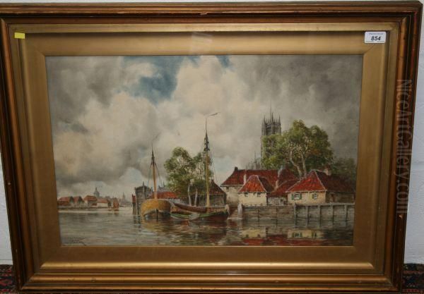 Fishing Boats In Harbour With Church Tower Beyond - view 1