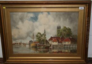 Fishing Boats In Harbour With Church Tower Beyond by Hermanus Jr. Koekkoek