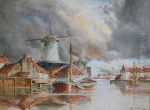 A Dutch Canal Scene With Windmill, Houses And Boats. by Hermanus Jr. Koekkoek