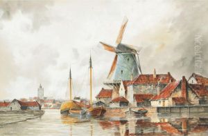 A Dutch Harbour by Hermanus Jr. Koekkoek