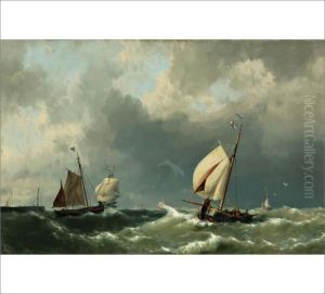 A Painting Of Sailing Ships Off The Coast by Hermanus Jr. Koekkoek