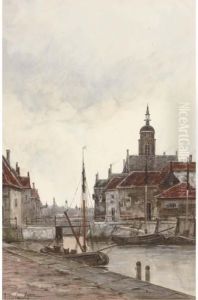 A Harbour Town With Moored Vessels by Hermanus Jr. Koekkoek