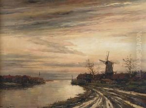 Dutch River Estuary With A Windmill by Hermanus Jr. Koekkoek