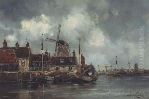 A Dutch Port With A Windmill Beyond; Also A Painting Of A Boat On An Estuary (a Pair) by Hermanus Jr. Koekkoek