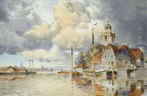 Louis Van Staaten Sailingbarges In An Estuary