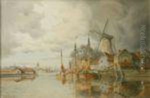 Louis Van Staaten Barges Moored Bya Windmill Near A Dutch Town by Hermanus Jr. Koekkoek