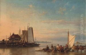 Calm Water, With Fishing Boats At [sic] The River Nearamsterdam by Hermanus Jr. Koekkoek