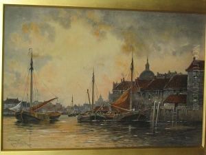 'dordrecht' - Canal Scene With Shipping And Buildings by Hermanus Jr. Koekkoek