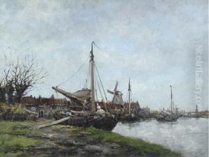 Boats On A Dutch Canal by Hermanus Jr. Koekkoek