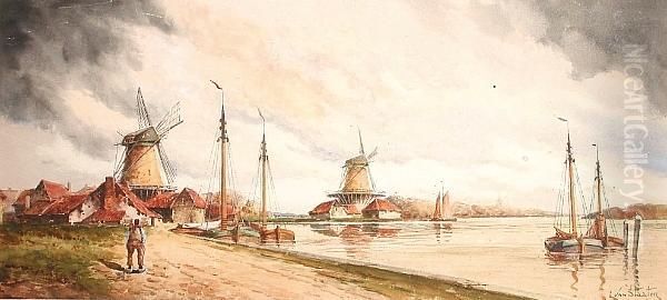 Windmills In A River Landscape - view 1