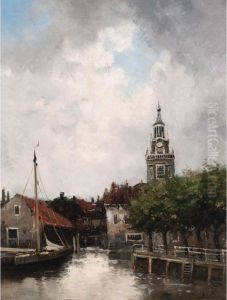 A View Of A Boat In A Harbour Near A Town by Hermanus Jr. Koekkoek