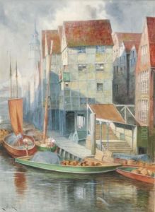 Figures On Barges In A Dutch Port; And A Dutch Canal Scene by Hermanus Jr. Koekkoek