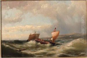 Sailors In A Barge On A Choppy Sea Off The Coast by Hermanus Jr. Koekkoek