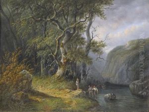Gebirgige Flussuferpartie Mit Fischern by Johannes Hermann Barend Koekkoek