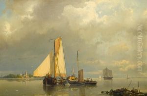 Dutch Barges Becalmed In The Estuary Andtransferring Cargo