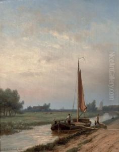 Unloading A Barge On The Gooische Vaart, Hilversum by Johannes Hermann Barend Koekkoek