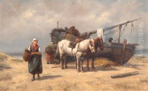 On The Shore With Fisherman, Horses And Boats On The Shore With Fisherman, Horses And Boats