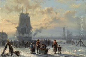 Many Figures Skating On The Ice, Boats In The Background by Johannes Hermann Barend Koekkoek