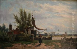Figures By A Fisherman's Hut In A River Landscape
