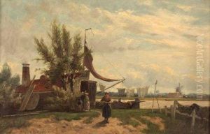 Dutch River Scene With Figures And Windmill In Distance by Johannes Hermann Barend Koekkoek