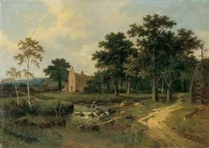 Bewaldete Landschaft Mit Einem Angler Vor Einer Bewaldete Landschaft Mit Einem Angler Vor Einer