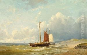 A View Of A Coast With Two Sailboats by Johannes Hermann Barend Koekkoek