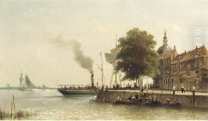 Aan De Kade: A Steamship Passing The Groot Hoofd, Dordrecht by Johannes Hermann Barend Koekkoek