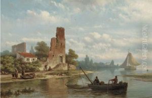 Fishermen Near A Ruin On A Riverbank Fishermen Near A Ruin On A Riverbank